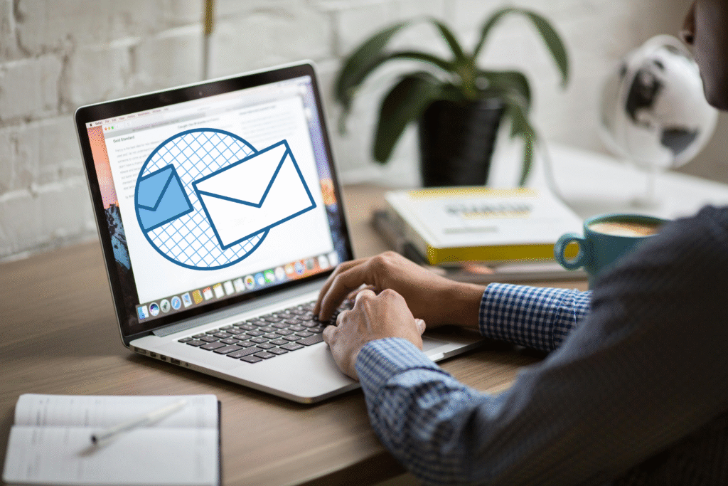 Email Marketing Simulator title banner with bold headline, laptop icon, and callout text promoting a risk-free way to test email campaigns.
