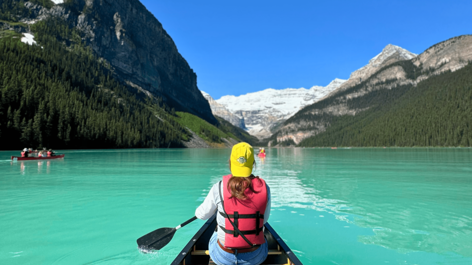 International student at Moraine Lake learning how to explore Canada on a budget
