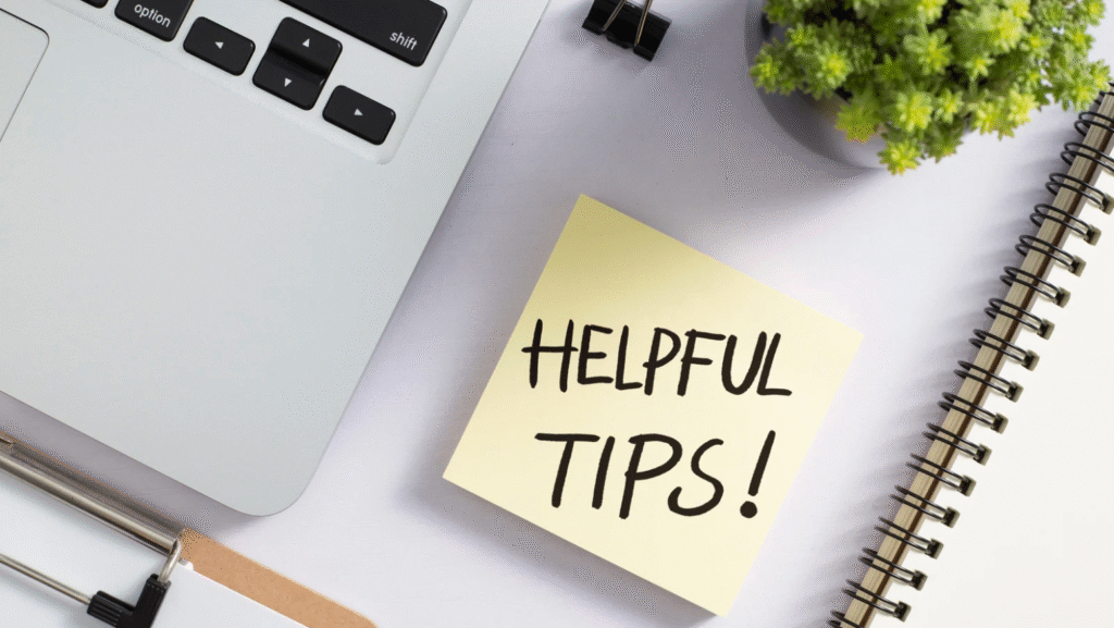 Digital marketing workspace for “5 Powerful Digital Marketing Tips For Beginners Must Know in 2025” with a sticky note reading 'HELPFUL TIPS!', a laptop, and a notebook for taking notes.